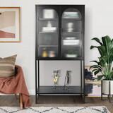Elegant Floor Cabinet with 2 Glass Arched Doors Living Room Display Cabinet with Adjustable Shelves Anti-Tip Dust-free Easy assembly Black W1673127681