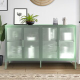 Stylish 4-Door Tempered Glass Cabinet with 4 Glass Doors Adjustable Shelf and Feet Anti-Tip Dust-free Fluted Glass Kitchen Credenza Light Green W1673127686