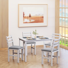 5PCS Stylish Dining Table Set 4 Upholstered Chairs with Ladder Back Design for Dining Room Kitchen Gray Cushion White W1673130772