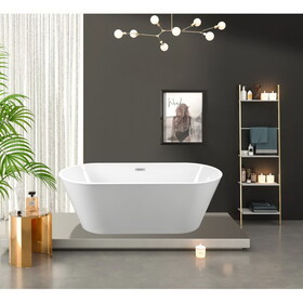 67" Acrylic Freestanding Bathtub-Acrylic Soaking Tubs, Oval Shape Freestanding Bathtub with Chrome Overflow and Pop Up Drain