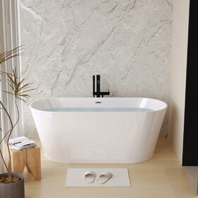 55" Acrylic Freestanding Bathtub, Stand Alone Soaking Tub, Glossy White Acrylic, Toe-tap Chrome Drain, cUPC Certified W1675P291373