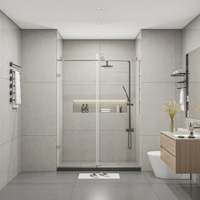 Frameless Shower Doors 60" Width x 76"Height with 3/8"(10mm) Clear Tempered Glass, Brushed Nicel Finish W1675S00008