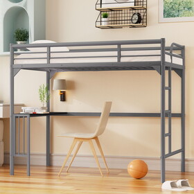 Twin Metal Loft Bed with Desk, Ladder and Guardrails, Bookdesk Under Bed, Silver