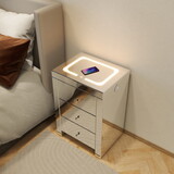 Silver glass nightstand for living room, shining bedside table with wireless charging and charging ports W1685134280