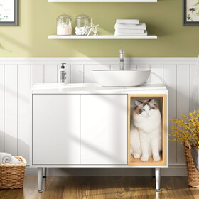 bathroom sink cabinet with Cat Litter Box enclosure, Hidden Litter Pet Washroom with Divider, Indoor Cat House for Large Cats, Wooden Cabinet Furniture, White W1687P170694