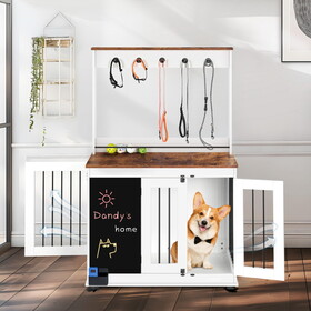 Dog crate,Graffiti dog cage, kennel with double doors, crate interior furniture, heavy wooden dog cage, large dog, white W1687P179807