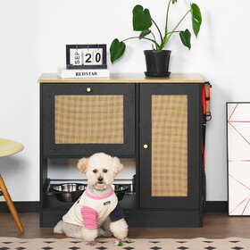 Feeding station with 2 lockers, pet feeding station with 2 elevated dog bowls, side hooks, anti-tipping kit, hidden pet feeding station for feeding and watering, rattan door, black W1687P246775