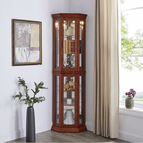 Corner Curio Cabinet with Lights, Adjustable Tempered Glass Shelves, Mirrored Back, Display Cabinet,Cherry (E26 light bulb not included) W1693P165015