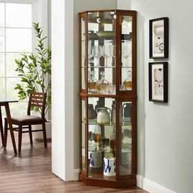 6 Shelf Corner Curio Display Cabinet with Lights, Mirrors and Adjustable Shelves, Walnut W1693P165021