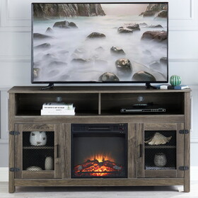 Modern Farmhouse TV Stand with Electric Fireplace, Fit up to 65" Flat Screen TV with Storage Cabinet and Adjustable Shelves Industrial Entertainment Center for Living Room, Grey W1693S00001