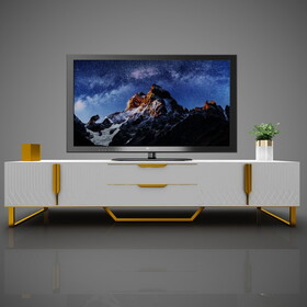 TV Console with Storage Cabinets, Carve Design TV Stand with Metal Legs, Large Storage Space Modern Entertainment Center Suit for Living Room, Bedroom, White W1701P164322