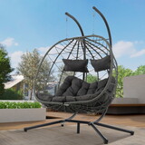 2 Persons Egg Chair with Stand Indoor Outdoor Swing Chair Patio Wicker Hanging Egg Chair Hanging Basket Chair with Stand for Bedroom Living Room Balcony W1703P163951