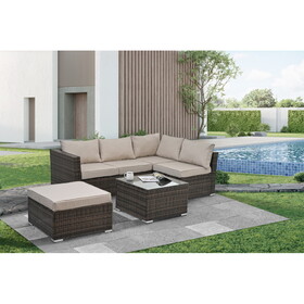 Patio Furniture, Outdoor Furniture, Seasonal PE Wicker Furniture, 4 Set Wicker Furniture with Tempered Glass Coffee Table W1703S00017