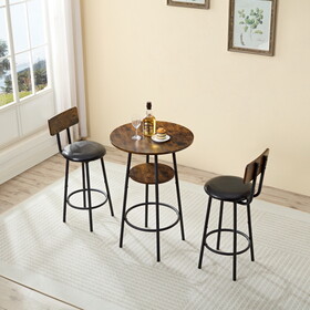 Three-piece round dining table, two-level small dining table with storage, bar table, two upholstered bar chairs with backrest, suitable for restaurants, cafes, bars. W1705P145967