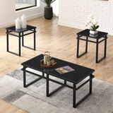 Modern 3-Piece Table Set, Includes 1 Coffee Table and 2 End Tables with BLACK Glass Top and Metal Tube (All-Black) W1708P143244