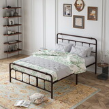 Queen Size Metal Platform Bed Frame with Victorian Style Wrought Iron-Art Headboard/Footboard W1716132855