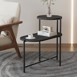 Round Coffee Table with Storage Tray 2 Tier Oval End Tables Wooden Small Side Table for Living Room (Black)
