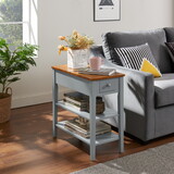 Narrow 2-tone End Table with USB Charging Ports for Small Space, SOLID WOOD Table Legs, Gray and Walnut, 11.8