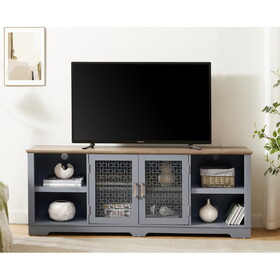 Modern Farmhouse TV Media Stand, Large Home Entertainment Console, for TV Up to 80", with Open Shelves and Glass Door Cabinets, Light Blue and Light Oak, 70"W*15.55"D*26.85"H W1758P147679