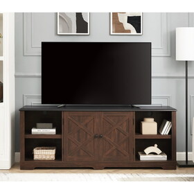 Modern Farmhouse TV Media Stand, Large Barn Inspired Home Entertainment Console, for TV Up to 80", with Open Shelves and Closed Cabinets, Espresso and Black, 70"W*15.55"D*26.89"H W1758P147680