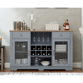 Modern Farmhouse Buffet Cabinet, Sideboard with 2 Drawers and Elegant Glass Door Cabinets, Wine and Glass Rack, Coffee Bar, Light Blue and Light Oak, 56.46"W*15.55"D*35.74"H W1758P147682