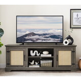 Farmhouse Rattan TV Stand Console Table for TVs up to 70 inches, TV Console Table with 2 Storage Shelves, 2 Natural Rattan Door Cabinets, 65