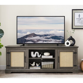 Farmhouse Rattan TV Stand Console Table for TVs up to 70 inches, TV Console Table with 2 Storage Shelves, 2 Natural Rattan Door Cabinets, 65"W*15.55"D*23.86"H, Gray W1758P178929