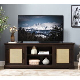 Farmhouse Rattan TV Stand Console Table for TVs up to 70 inches, TV Console Table with 2 Storage Shelves, 2 Natural Rattan Door Cabinets, 65"W*15.55"D*23.86"H, Espresso W1758P178931