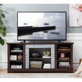 TV Media Stand with with Faux Stacked Stone Surround, Modern Entertainment Console with Open Storage Space, Cherry, 58.31