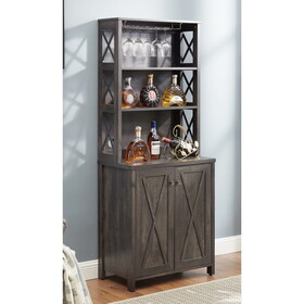 Coffee Bar Cabinet Kitchen Cabinet with Microwave Stand, Wood Frame Side Home Source Bar Cabinet and Hollow out Barn Design Wood Cabinet L26.75" *W15.13" *H66.1" Charcoal Gray W1758P210360