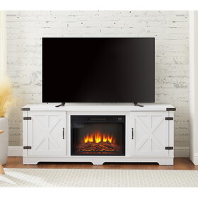 Modern Farmhouse TV Media Stand, Large Barn Inspired Home Entertainment Console, with 23" Fireplace Insert, for TV Up to 70", with Open Shelves and Closed Cabinets, White, 64.8"W*15.67"D*24.29"H