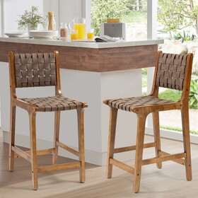 Breathe Leather Woven Counter Height Stool Kitchen Wooden Barstools, 24 inch Seat Height Set of 2 W1762P188688