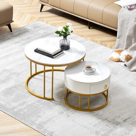 Coffee Table Nesting Set of 2, Circular Sintered Stone Marble Entable, for Living Room Bedroom Apartment Modern Industrial Simple Nightstand(Gold) W1765118671