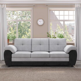 81.9" Large size Three Seat Sofa,Modern Upholstered,Black leather paired with light gray velvet W1767132489
