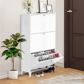 3 Drawer All Steel Shoe Cabinet, Freestanding Shoe Rack Storage Organizer with Flip Door, Modern Tipping Bucket Shoe Cabinet for Entryway, Hallway, Bedroom, White (Requires assembly) W1779P186939