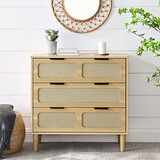 3 drawer dresser, rattan dresser cabinet with wide drawers and metal handles, farmhouse wood storage drawer chest for bedroom, living room, hallway, entrance W1781132477