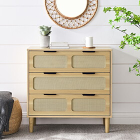 3 drawer dresser, rattan dresser cabinet with wide drawers and metal handles, farmhouse wood storage drawer chest for bedroom, living room, hallway, entrance W1781132477