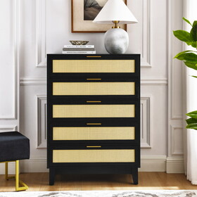 Bedroom 5 drawer dresser, rattan dresser modern wooden chest of drawers with spacious storage space for bedroom hallway living room