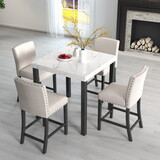 Five-piece dining set with imitation marble tabletop, restaurant combination set, solid wood dining table and 4 chairs, space-saving combination furniture for kitchen and dining room. W1781S00010