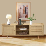 Mid Century TV Stand with Rattan-Decorated Doors, Spacious Cabinets, and Adjustable Shelf - Wood TV Console Table with Drawers - Media Stand for TV W1785118914