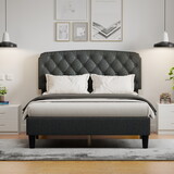 King size Adjustable Headboard with Fine Linen Upholstery and Button Tufting for Bedroom, Wave Top Dark Grey W1793140465
