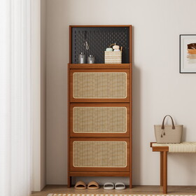 Rattan Shoe Cabinet for Entryway, Free Standing Shoe Rack with 3 Flip Drawers & Black Pegboard, Hidden Narrow Shoe Cabinet for Entrance Hallway, 24.88"W x 7.88" D x 65"H W1801P172870
