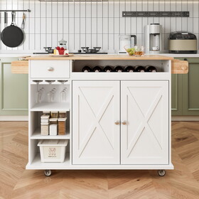 44 inch Kitchen Island Cart with Solid Wood Top, Wine Storage, Spice Rack, Towel Rack, Wine Glass Holder, Rolling Kitchen Island Table on Wheels, Tool-Free Installation, White & Oak W1801P175943