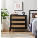 Rattan Storage Cabinet with 3 Large Drawers, Boho Mid-Century Wooden Nightstand Drawer Dresser, Sideboard Buffet Cabinet with Storage for Living Room Dining Room Hallway Bedroom, 30X15.8X30 inches