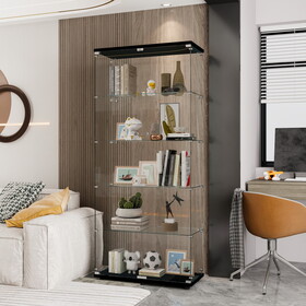Glass Display Cabinet with 5 Shelves Double Door, Curio Cabinets for Living Room, Bedroom, Office, Black Floor Standing Glass Bookshelf, Quick Installation W1806S00003