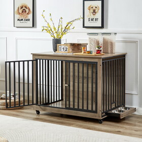 Furniture Style Dog Crate Side Table with Feeding Bowl, Wheels, Three Doors, Flip-Up Top Opening. Indoor, Grey, 43.7"W x 30"D x 33.7"H W1820105998