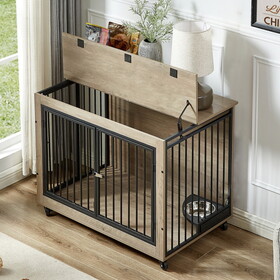 Furniture Style Dog Crate Side Table with Rotatable Feeding Bowl, Wheels, Three Doors, Flip-Up Top Opening. Indoor, Grey, 38.58"W x 25.2"D x 27.17"H W1820106187
