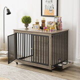 Furniture Style Dog Crate Side Table with Feeding Bowl, Wheels, Three Doors, Flip-Up Top Opening. Indoor, Grey, 43.7