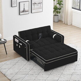 Sleeper Sofa Couch w/Pull Out Bed, 55" Modern Velvet Convertible Sleeper Sofa Bed, Small Love seat Sofa Bed w/Pillows & Side Pockets for Small Space, Living Room, Apartment,Black