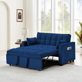 Sleeper Sofa Couch w/Pull Out Bed, 55" Modern Velvet Convertible Sleeper Sofa Bed, Small Love seat Sofa Bed w/Pillows & Side Pockets for Small Space, Living Room, Apartment,BlUE W1825P146672